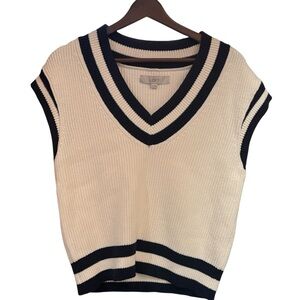 LOFT Ivory Navy Trim Knit V-Neck Sleeveless‎ Sweater Vest Womens XS Academia